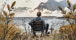 the man sits in a chair and looks out to sea