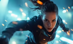 a woman in black jacket and lights in the background