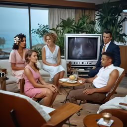group of people sitting around a living room talking
