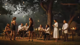 there is a group of people standing around a picnic table