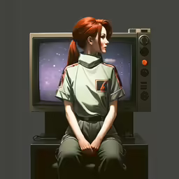 a computer monitor on a desk with a drawing of a woman sitting in front of it
