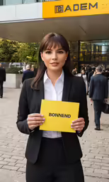 a woman holding a yellow sign in her hands