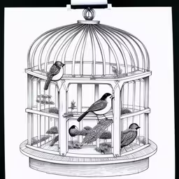 this is an illustration of birds inside a bird cage,a pen drawing of birds in a birdcage,a drawing of two birds inside a cage,pen and ink painting of two birds sitting inside a birdcage,a drawing of two birds sitting in a cage