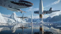 some sort of space battlers in a mountain and water scene