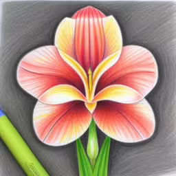 an image of a colored flower drawn on paper,drawing with colored pencils and a marker