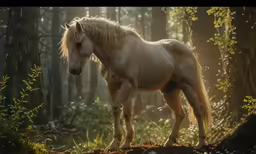 a horse standing in a wooded area with green trees