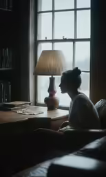 a woman sitting on a couch with her head next to a table
