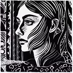 black and white linoleum ink drawing of a young lady