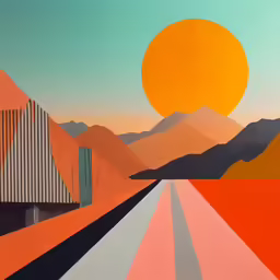 a painting of a road with a yellow sun over it
