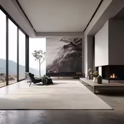 a very modern and bright living room with large painting