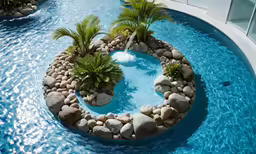 this large pool has two water features and rocks and a circular pathway with palm trees