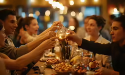 a couple people sharing food and wine on a table