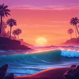 a painting of the sun setting over the ocean with palm trees and waves,a painting of a tropical sunset with palm trees
