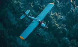 an old fashioned airplane flying close to a forest
