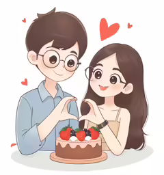 a young man and woman cutting the cake