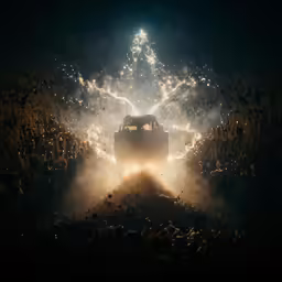 the truck is driving through a heavy and dark street