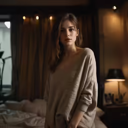 a woman stands on the bed in front of the window