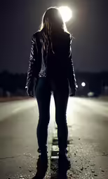 woman standing in street with light head down