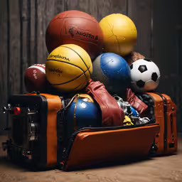 a bunch of balls are in a brown suitcase,several soccer balls sitting on top of an old luggage
