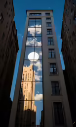 a large building with multiple windows reflected in it