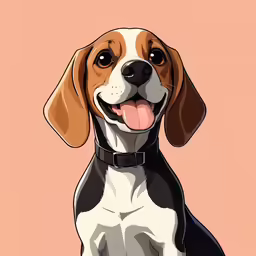 the smiling beagle dog sits next to an orange wall