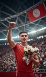 a person holding flowers and waving at the camera