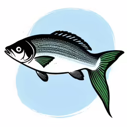 a large black and white fish with green fins