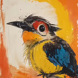 a painting of a colorful bird sitting on top of a tree branch
