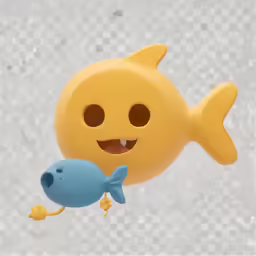 a yellow plastic toy with a fish sticking its tongue out