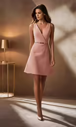a woman wearing a pink dress and heels, stands near a lamp