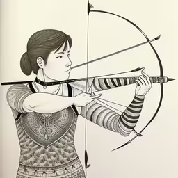 drawing of a female archer holding a bow and arrow,a woman in a drawing holding a bow and arrow,a woman dressed in asian attire aiming a bow,a black and white drawing of a woman aiming a bow,the girl is practicing her skills using an arrow