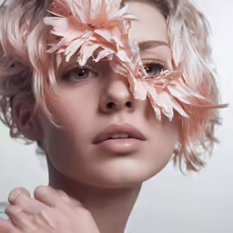 a woman with large flowers covering her eyes