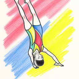 a drawing of a man with a backhand in front of colorful colors,the drawing shows a woman doing gymnastics exercises