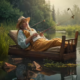 a woman in brown is sitting on a boat with fishing rods,a girl in a hat and a suit with a fishing rod is laying in a boat on water