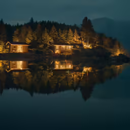 a cabin lit up on the side of a mountain