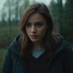 a young woman is standing in a forest