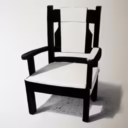 a simple chair sits in the shadows of a wall