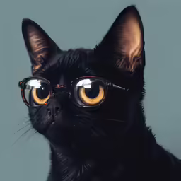 the cat wears large round glasses as it stares at something
