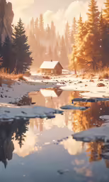 a house and trees next to a lake with snow