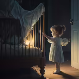 small toddler looking at crib in dark room with light on