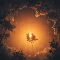 a very large sun with some trees below it