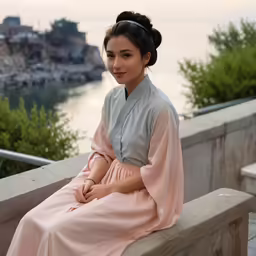 a woman wearing a dress sitting on a ledge by the water