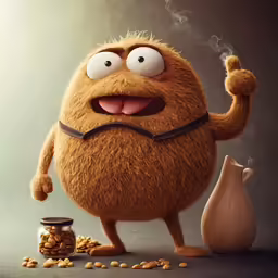 a brown furry looking character holding a hot drink and a peanut jar