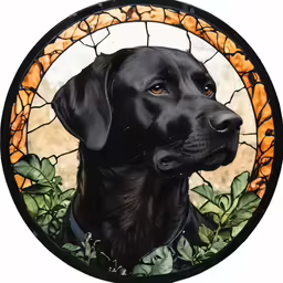 a black lab dog is depicted in a stained glass window
