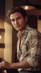 a man poses in a dress shirt in a hotel