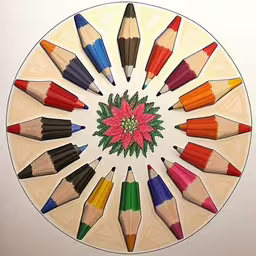 a round drawing of multicolored pencils arranged in a pattern,colored pencils arranged in a circle that is drawing
