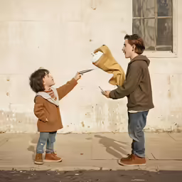 a child is handing something to an adult