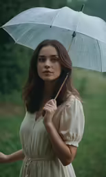 a young lady wearing an off - white dress holds an umbrella in the rain