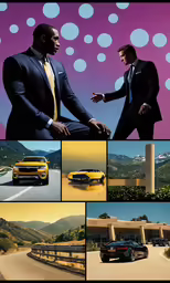 men with suits and ties in front of cars