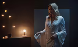 a woman stands next to a desk holding on to her white jacket